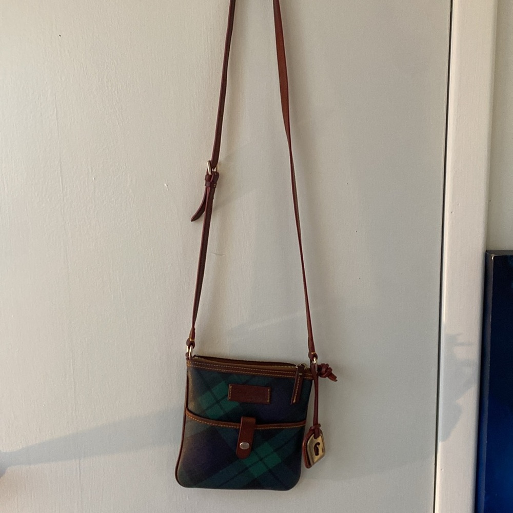 Dooney & Bourke Green Plaid Crossbody with Brown Leather Trim - Picture 2 of 12
